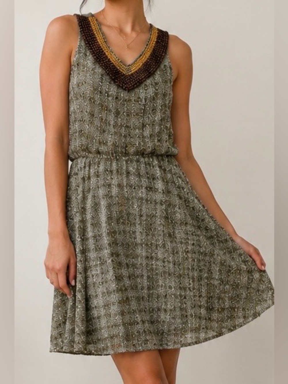 Maurices Olive Beaded Sleeveless Fit & Flare dress, size L‎